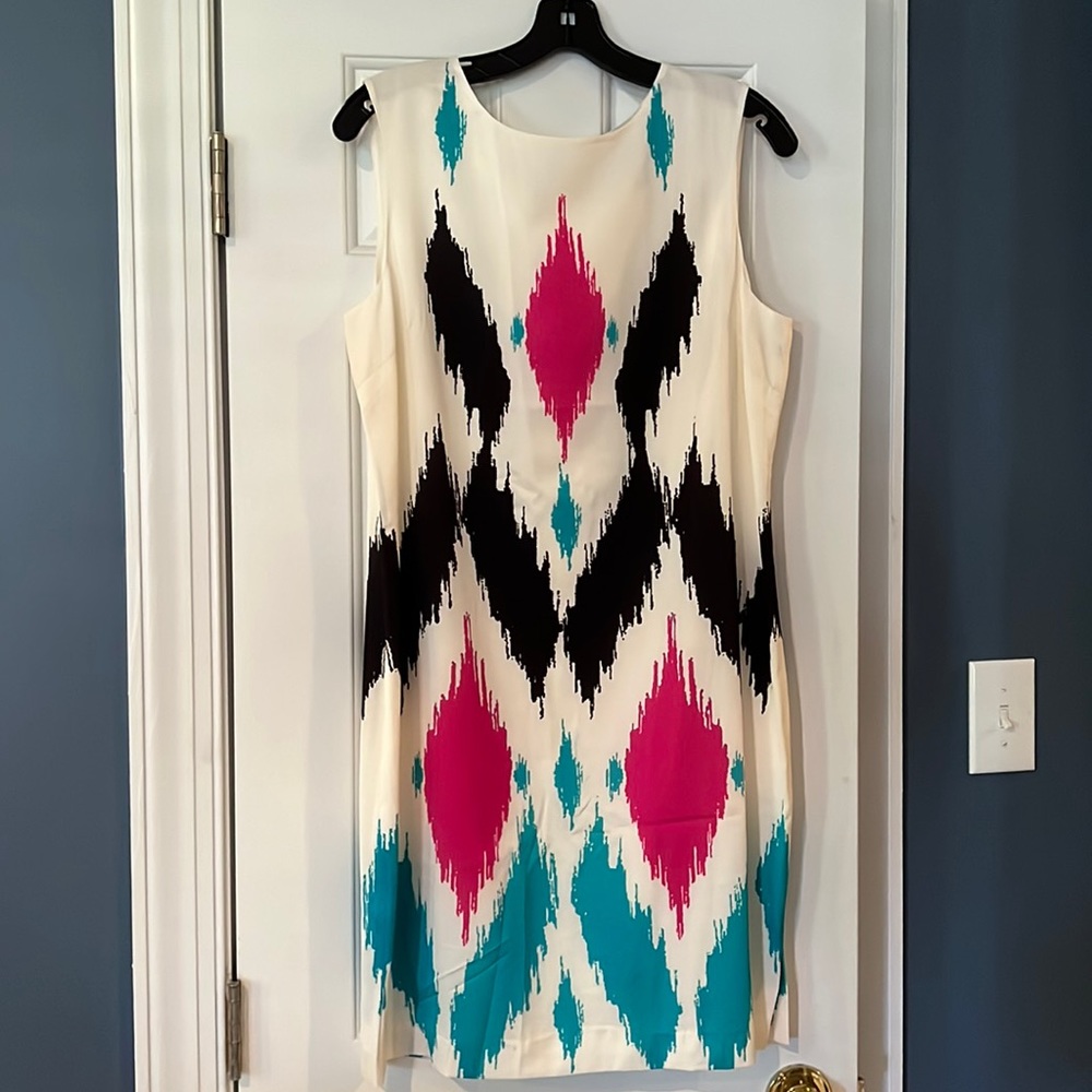 St. John silk dress - black, cream, aqua, and pink pattern